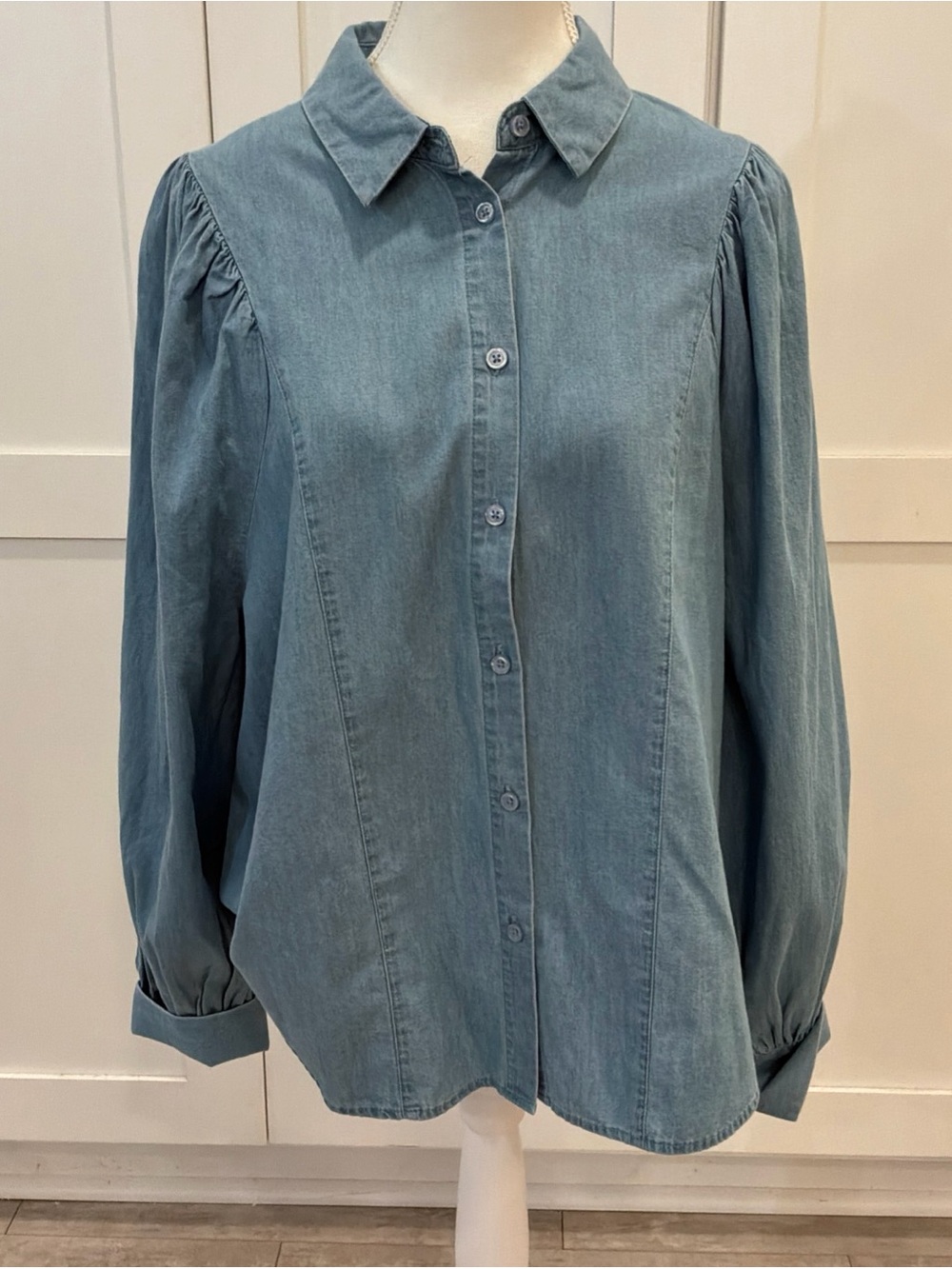 Who What Wear Womens Chambray Denim Puff Sleeve Button Down Top Size Large L